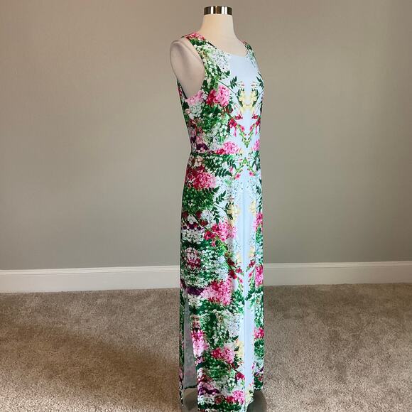 GUESS Floral Print Cutout Back Sleeveless Sheath Long Maxi Dress Blue Size 12 - Picture 3 of 9